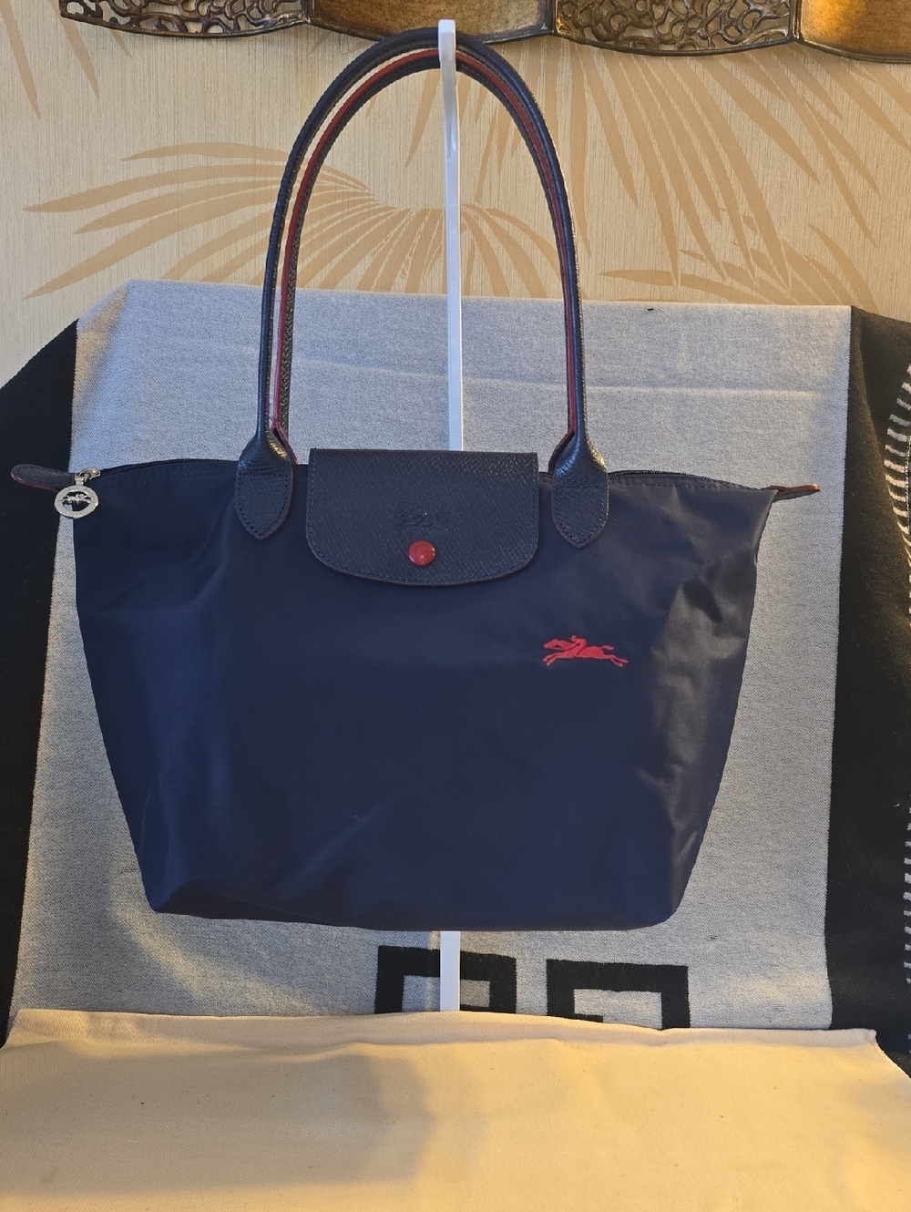 Longchamp Navy Tote with Red Accents